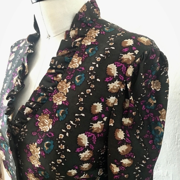 Vintage 70s Prairie Ruffle Floral Green Cottage Core Ruffle V-Neck Maxi Dress - Picture 2 of 8